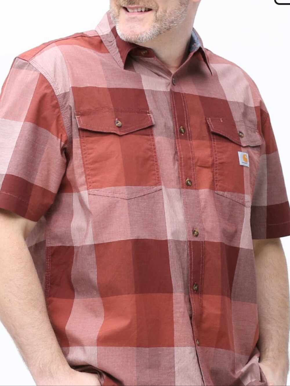 Carhartt Men's Rugged Flex.Short-Sleeve Plaid Button-Down Shirt - Rust/Light Red